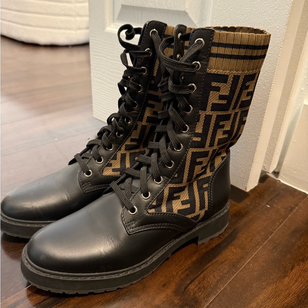 Fendi Black & Brown Logo Lace-Up Combat Boots